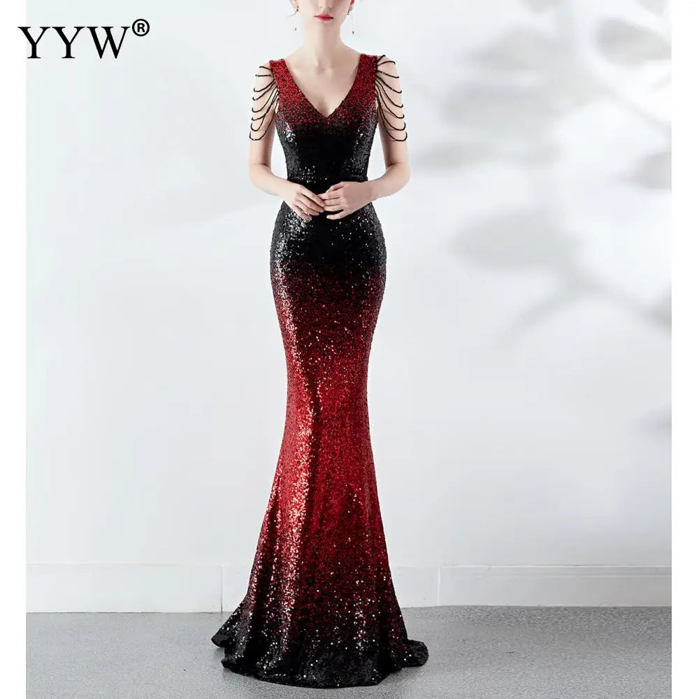 Elegant gradient sequin mermaid evening dress with unique shoulder details from LuckeLadybug LLC