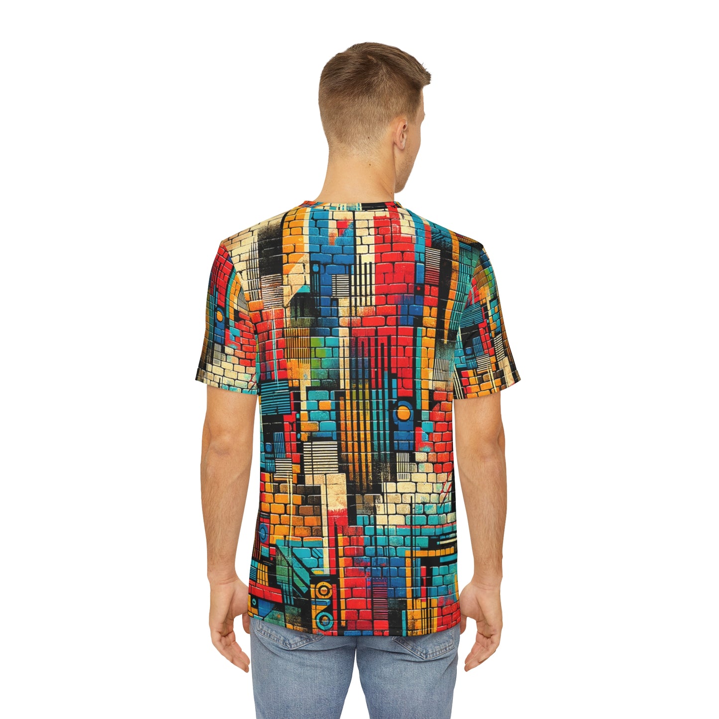 Graffiti inspired mens tee with colorful abstract brick wall design on back by LuckeLadybug