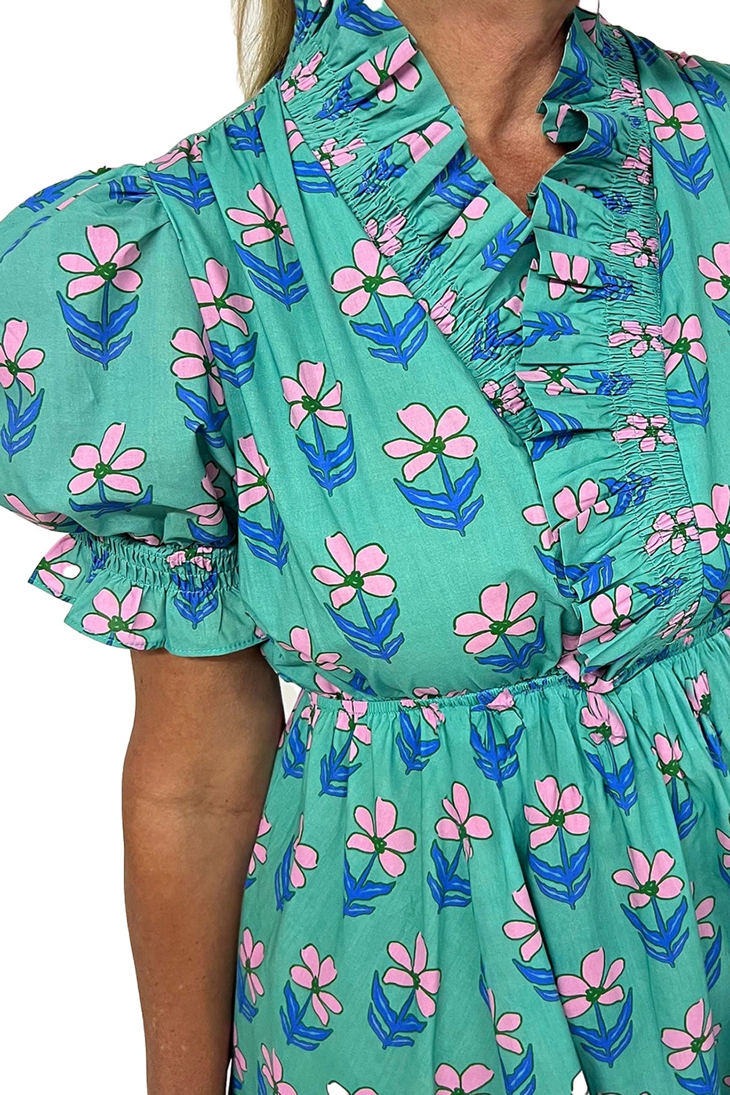 LuckeLadybug green floral print mini dress with ruffled details and puff sleeves