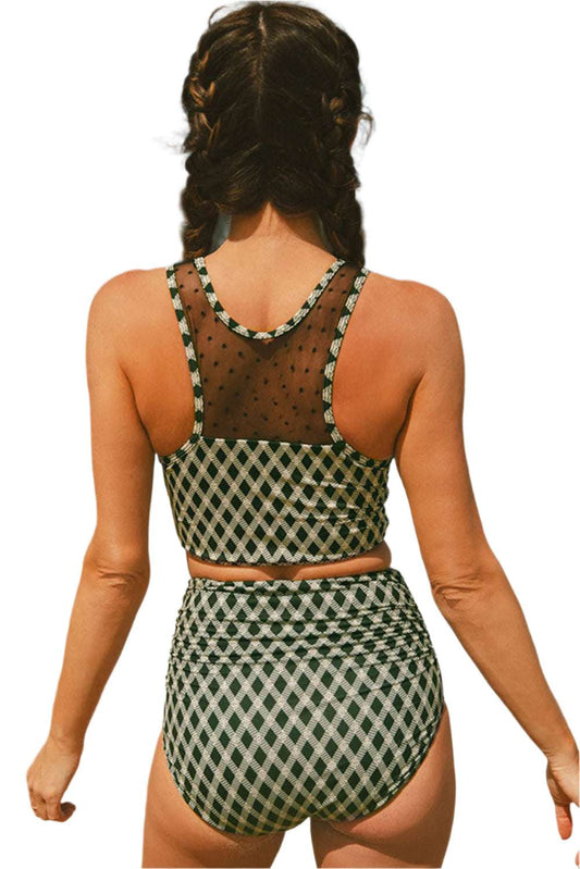 Back view of green plaid high waisted bikini with mesh top panel by LuckeLadybug LLC