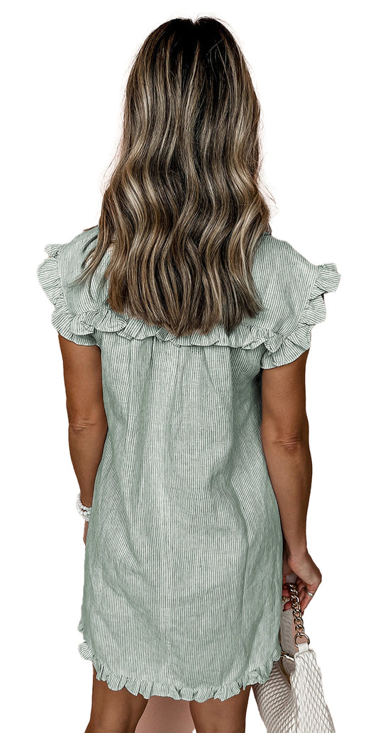 Back view of a green stripe button up mini dress by LuckeLadybug with ruffled sleeves