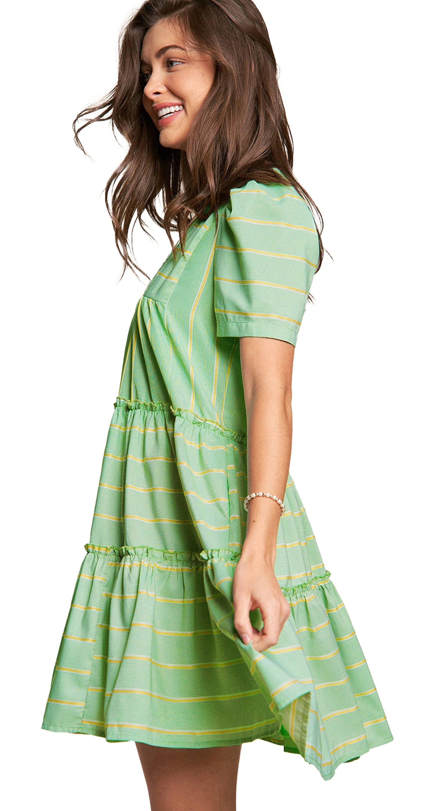 LuckeLadybug green striped v neck dress with short sleeves and a tiered skirt design