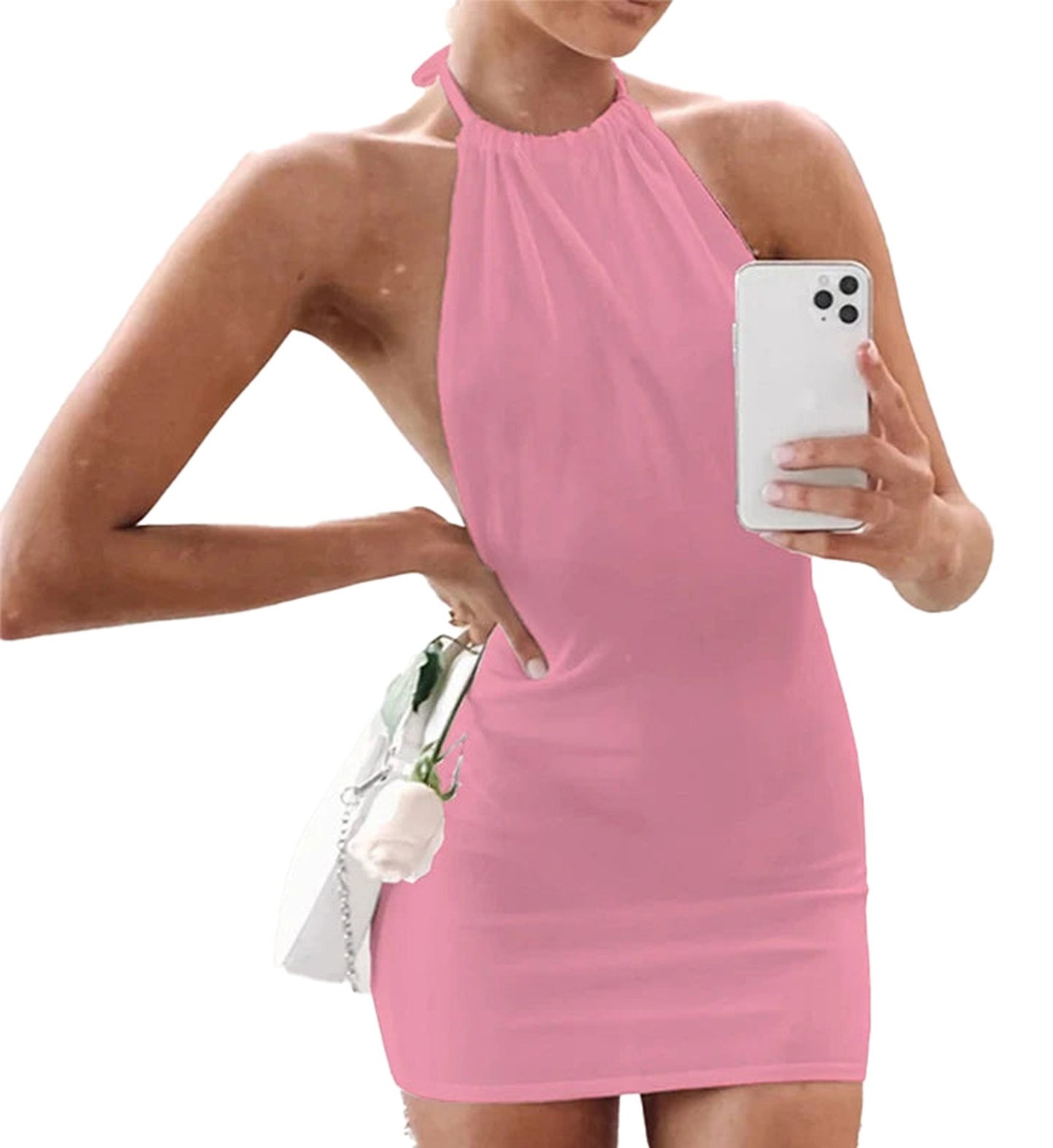 Pink halter backless bodycon mini dress from LuckeLadybug LLC with a flattering fit perfect for summer outings
