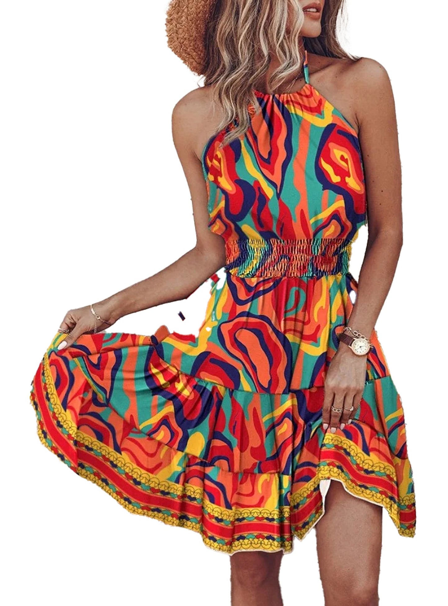 Colorful halter mini dress for women with a flared skirt and stylish pattern, perfect for summer outings