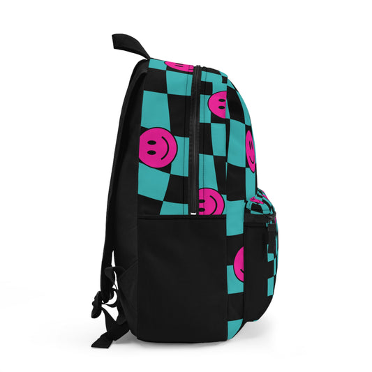 Side view of a LuckeLadybug happy face checkered backpack in teal and pink with adjustable straps