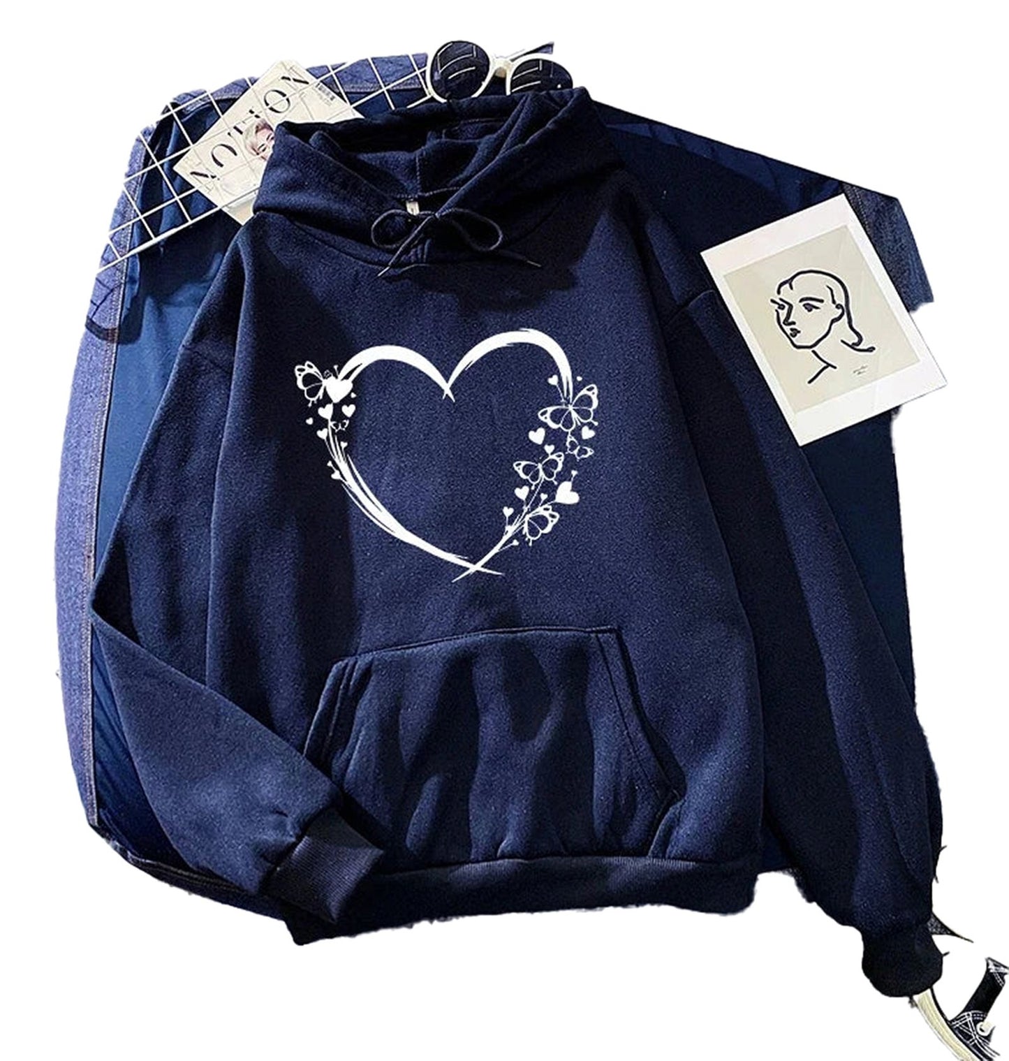 Navy heart print hoodie for women with floral design and front pocket for comfort