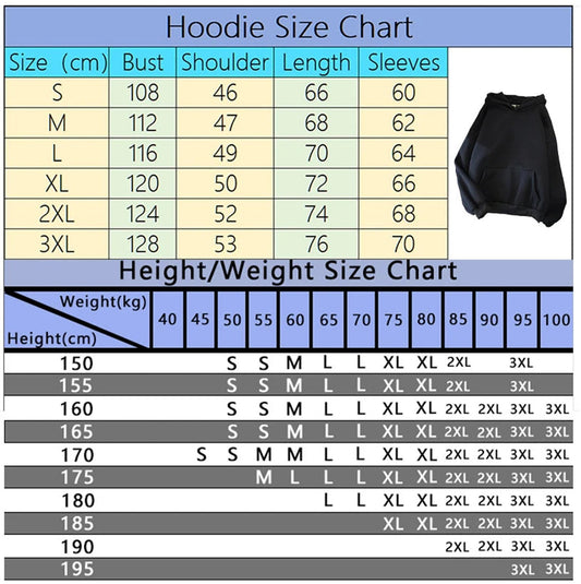 Hoodie size chart for heart print hoodie for women featuring measurements for various sizes