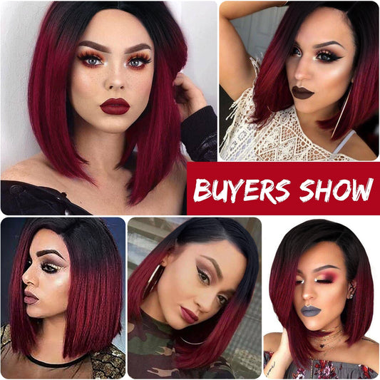 Heat resistant synthetic wig in burgundy bob style showcased by various models wearing different makeup looks