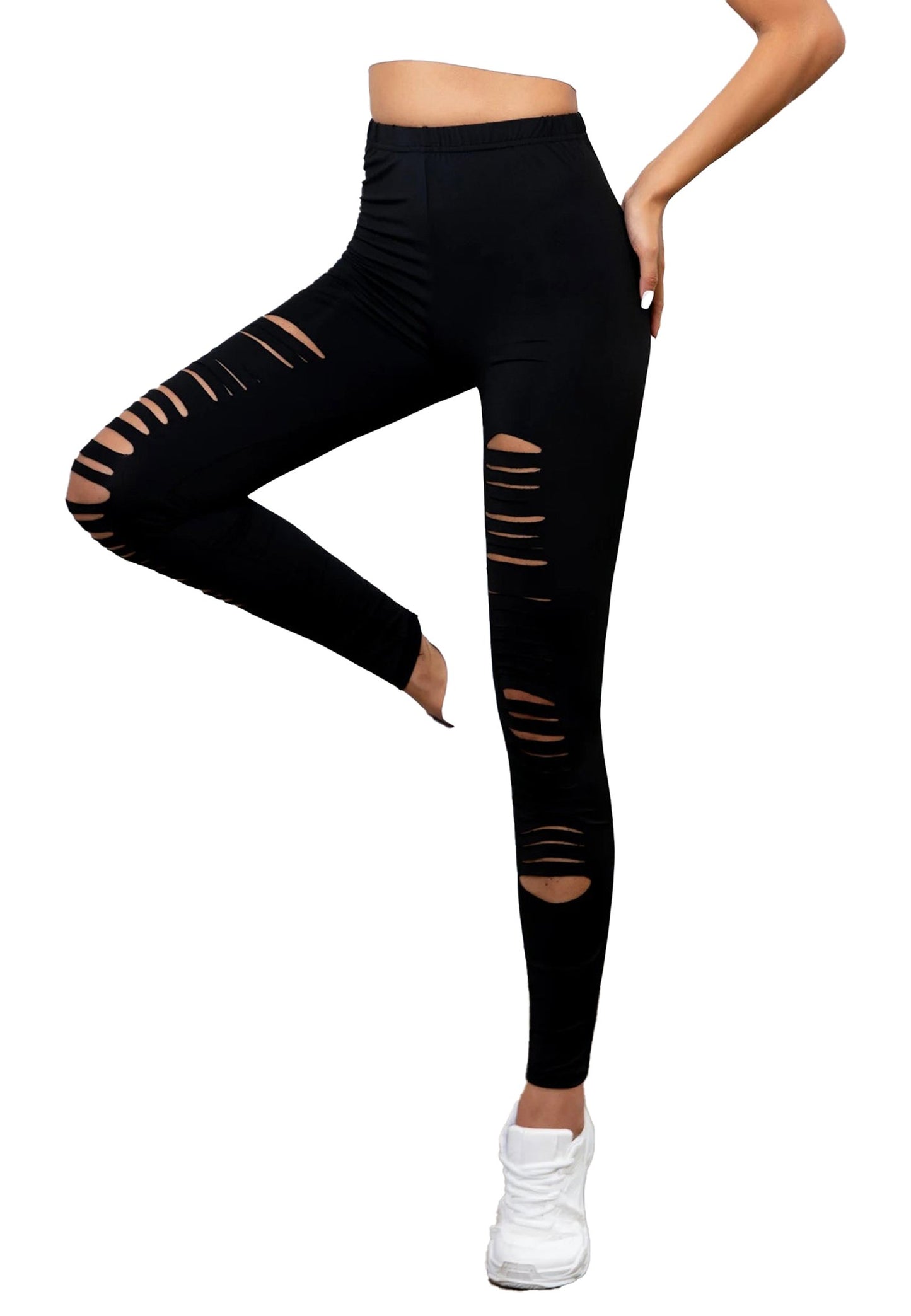 LuckeLadybug LLC high waisted ripped leggings for women in black with stylish cutouts for a trendy look