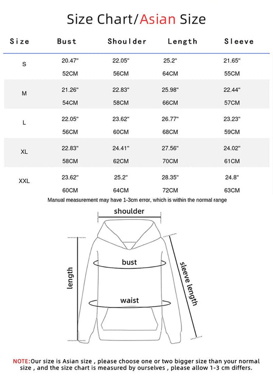 LuckeLadybug LLC hip hop printed oversized hoodie for women with a size chart detailing bust, shoulder, and sleeve measurements