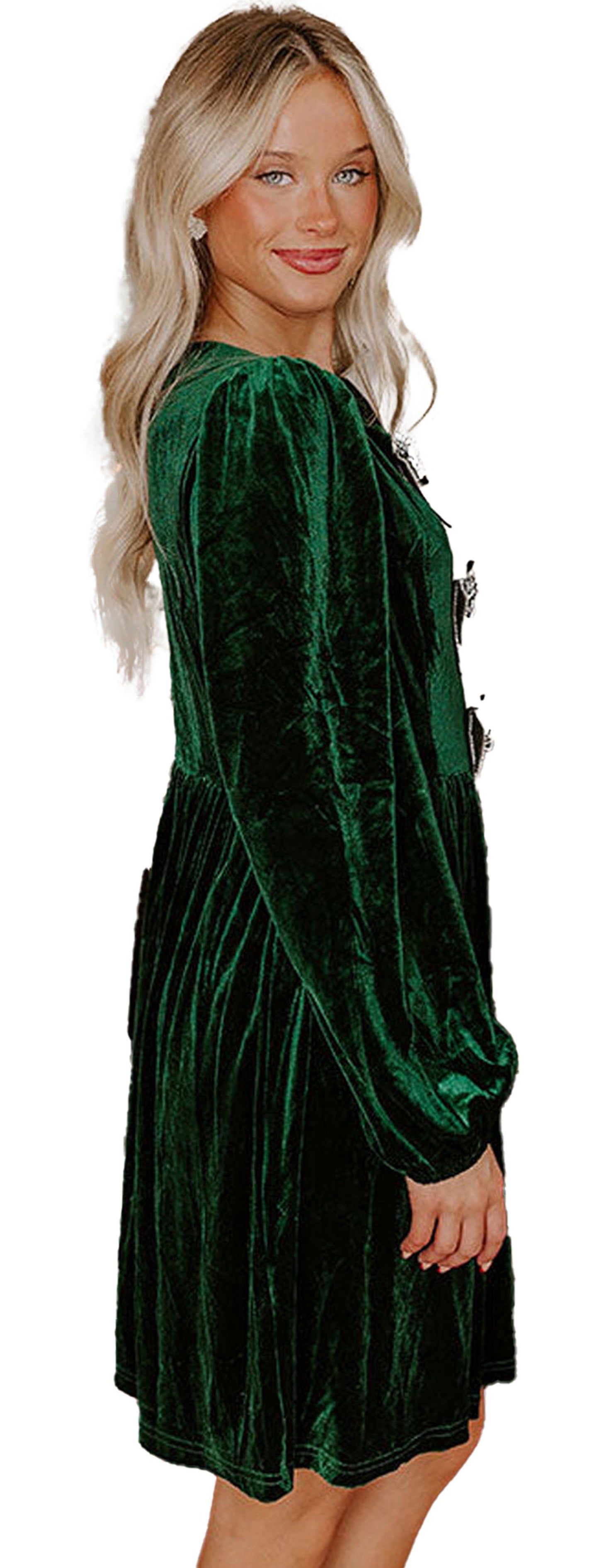 LuckeLadybug model wearing a green velvet mini dress on wooden stairs product keyword fiery red velvet mini dress