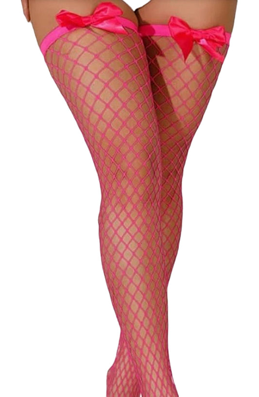 Hot pink bow fishnet thigh high stockings with stylish bows for bold fashion statements