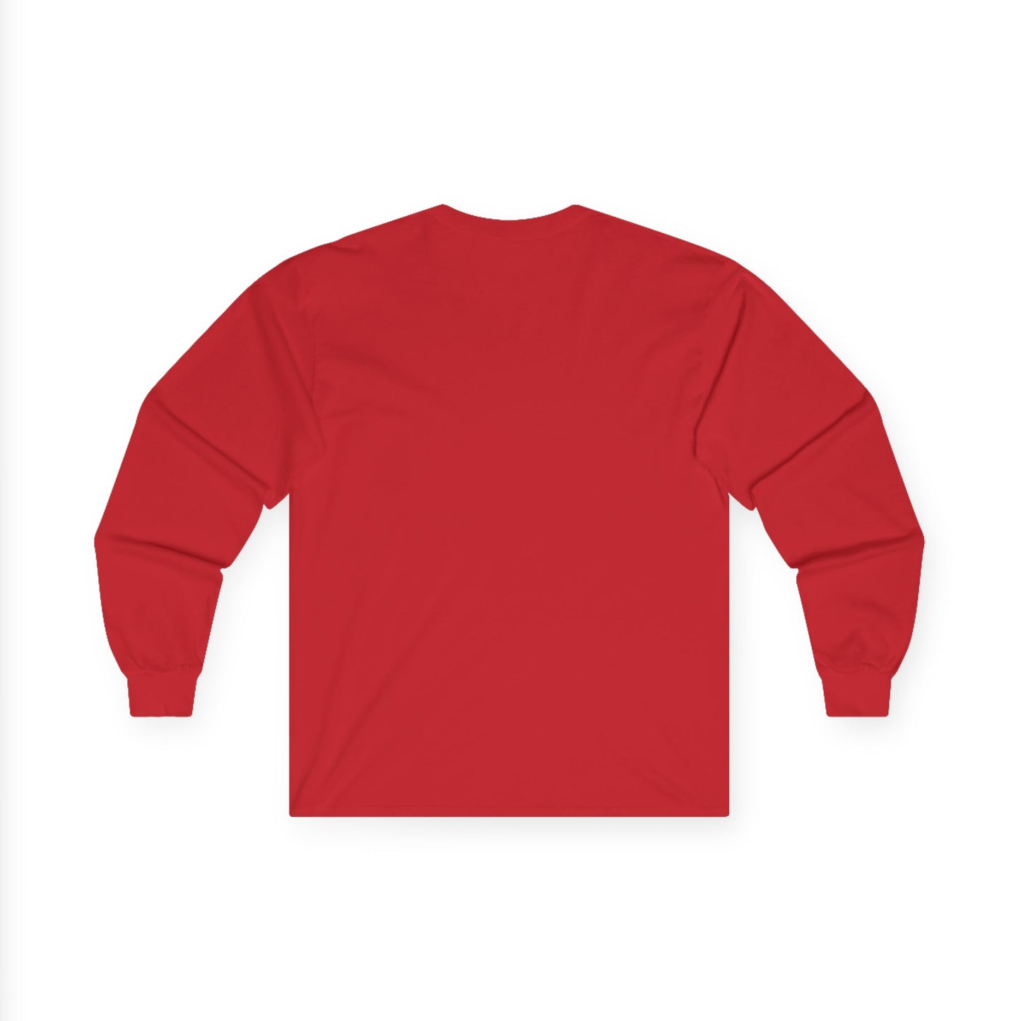 Red husky dog long sleeve shirt by LuckeLadybug shown from the back with ribbed cuffs