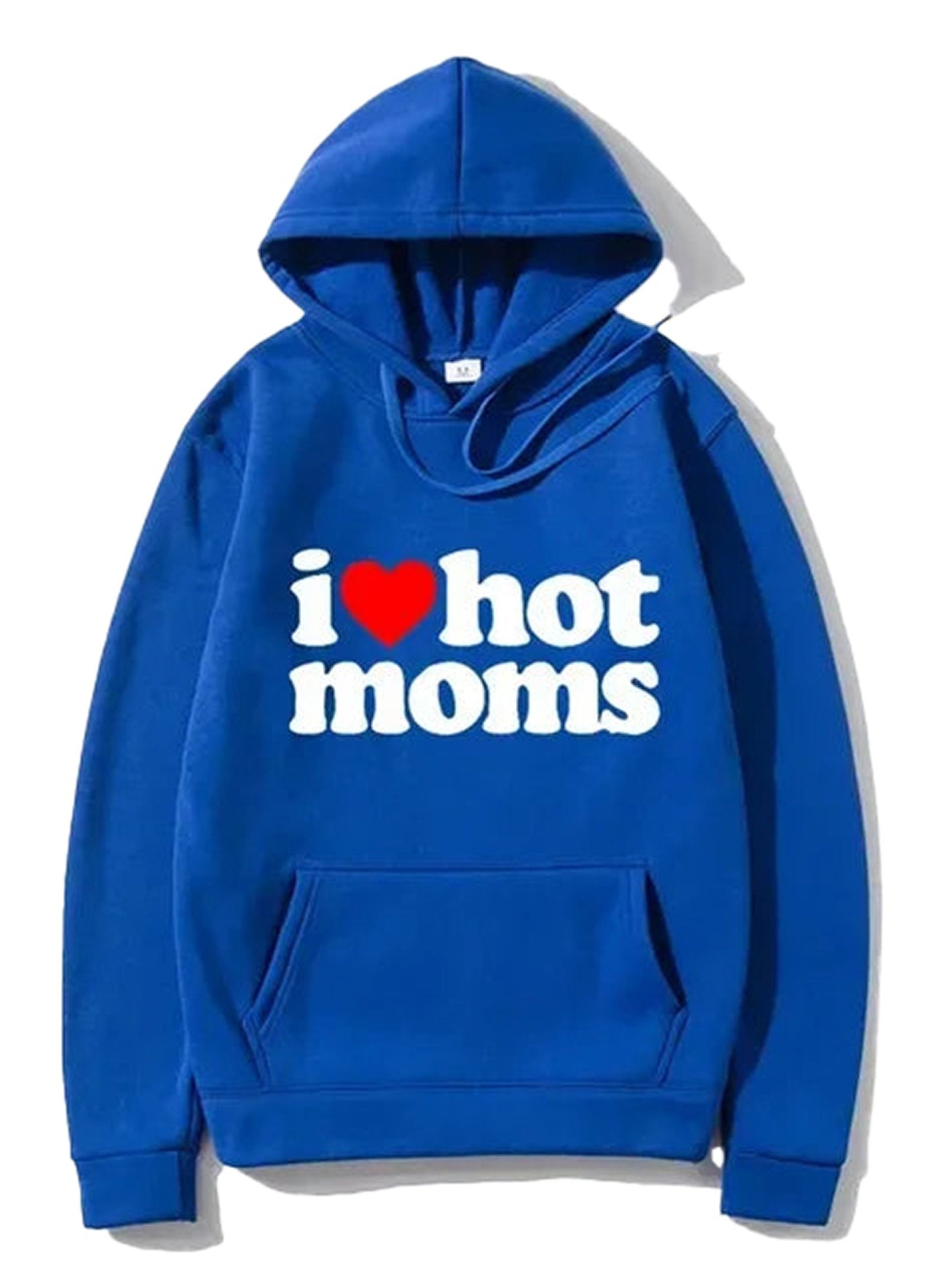 Blue I Love Hot Moms hoodie with bold text and front pocket for casual wear