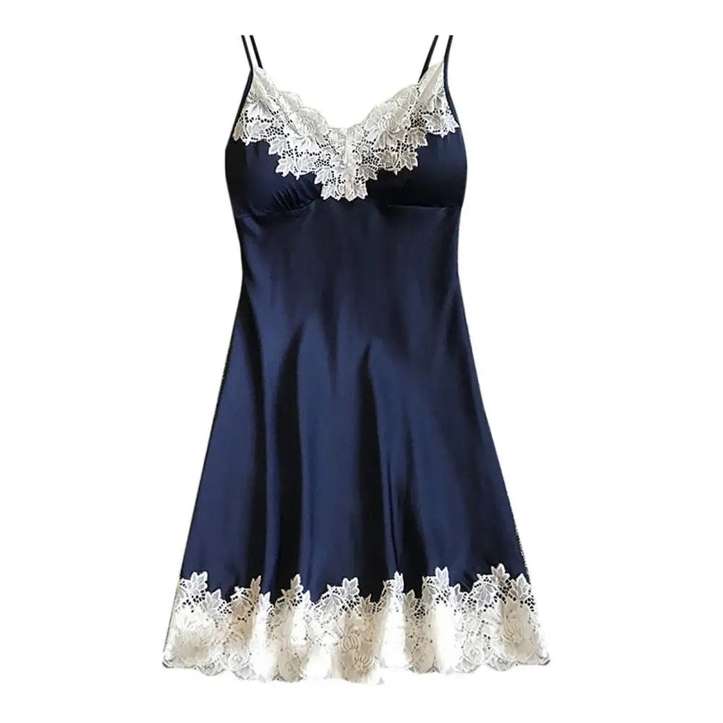 Elegant navy blue ice silk backless nightgown for women with delicate lace trim for a luxurious look
