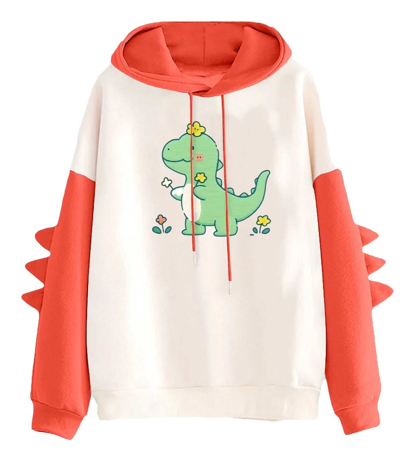 Kawaii dinosaur hoodie for women with colorful flower design and playful spike details on sleeves