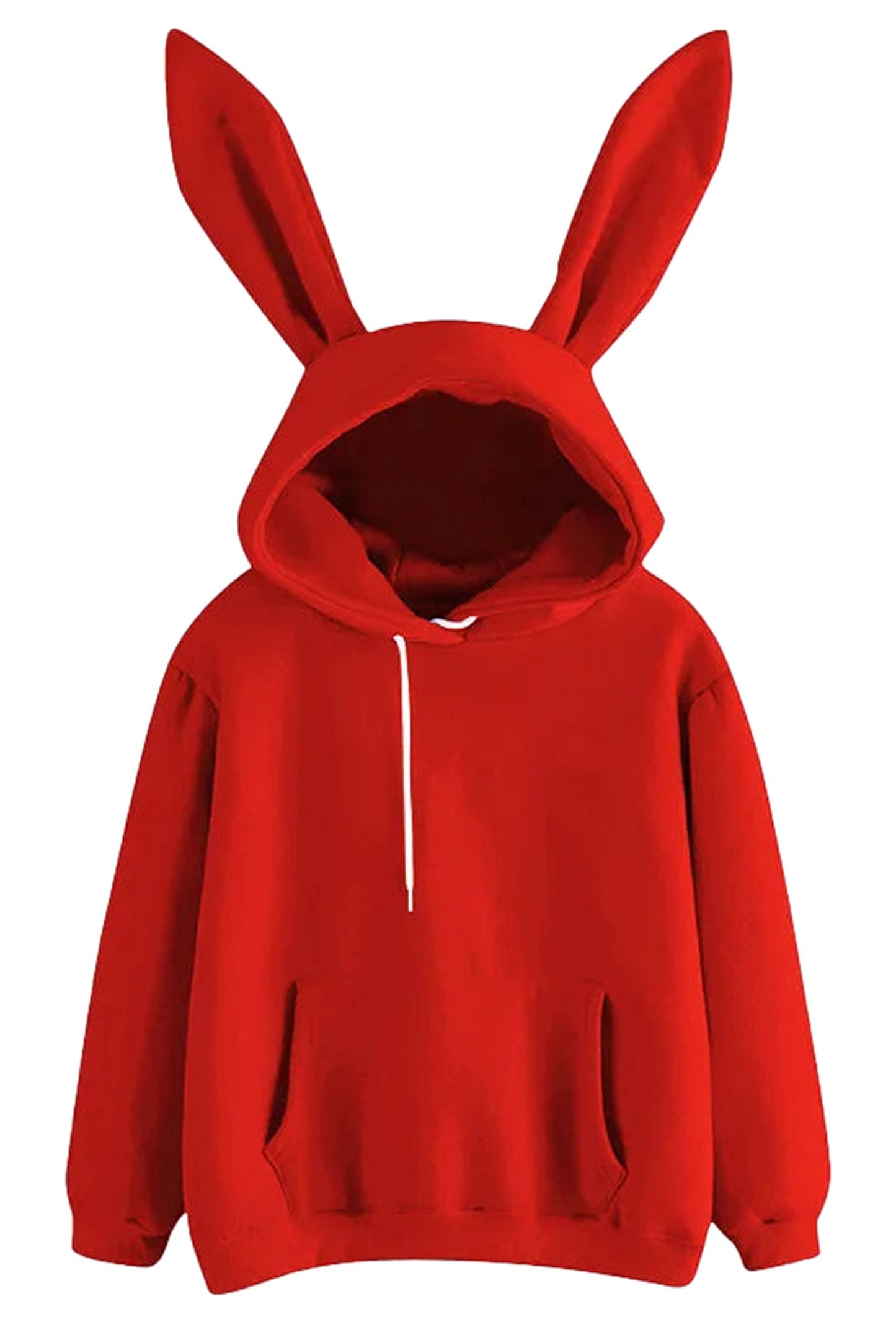 Red kawaii rabbit ear hoodie for women with a cozy fit and playful design