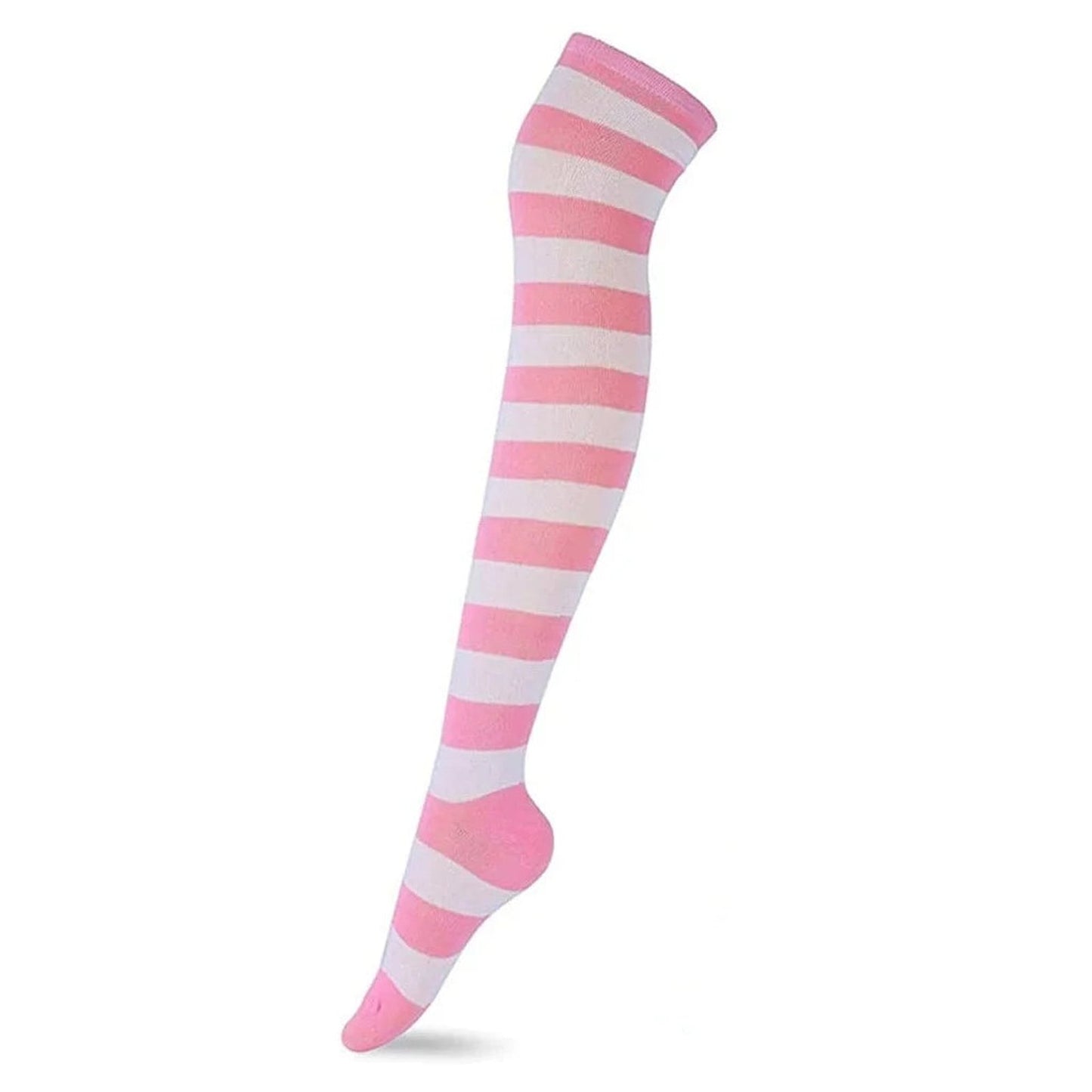 LuckeLadybug LLC kawaii striped knee high socks in pink and white for a playful fashion statement