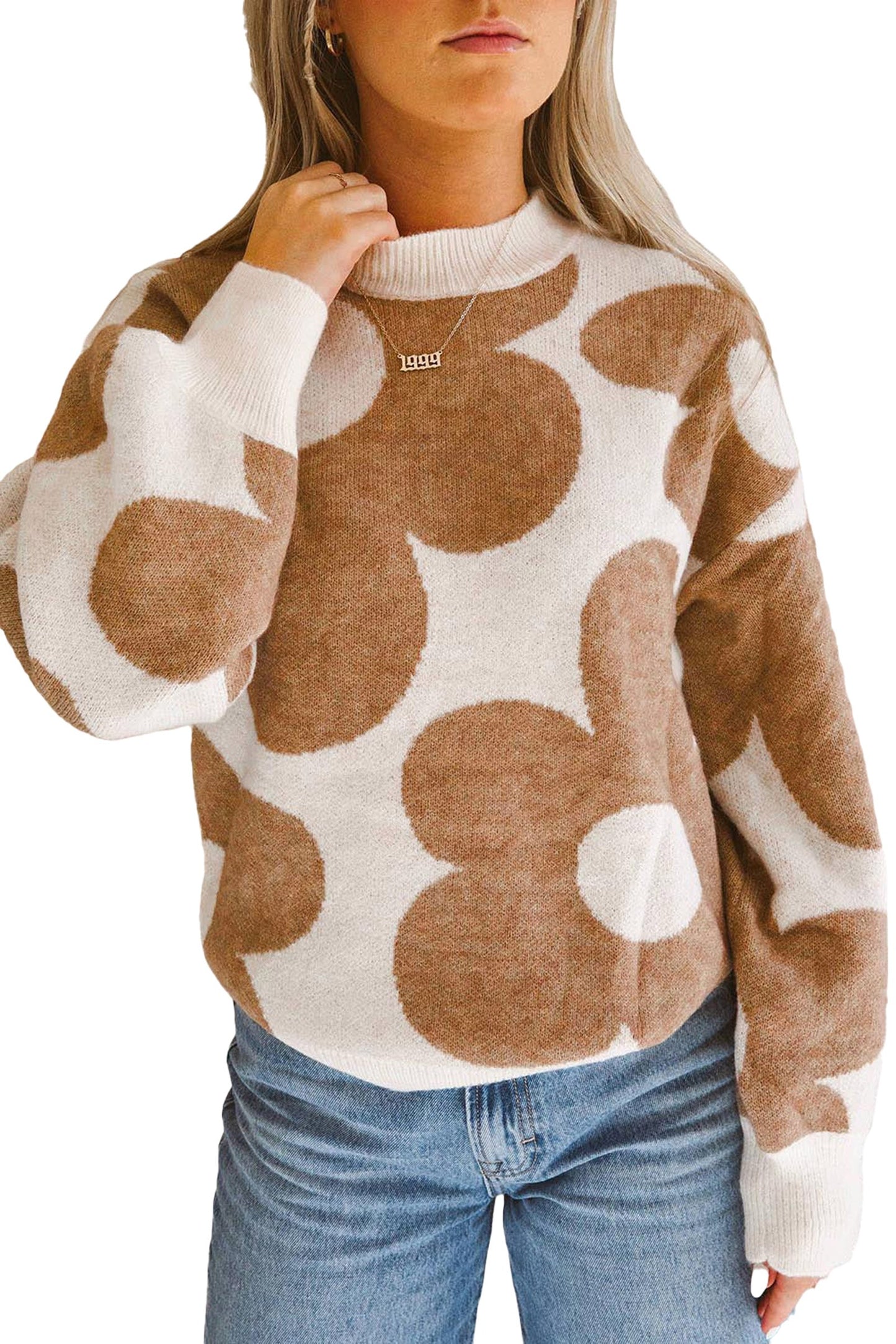 Khaki flower pattern sweater from LuckeLadybug, featuring a cozy fit and trendy floral design