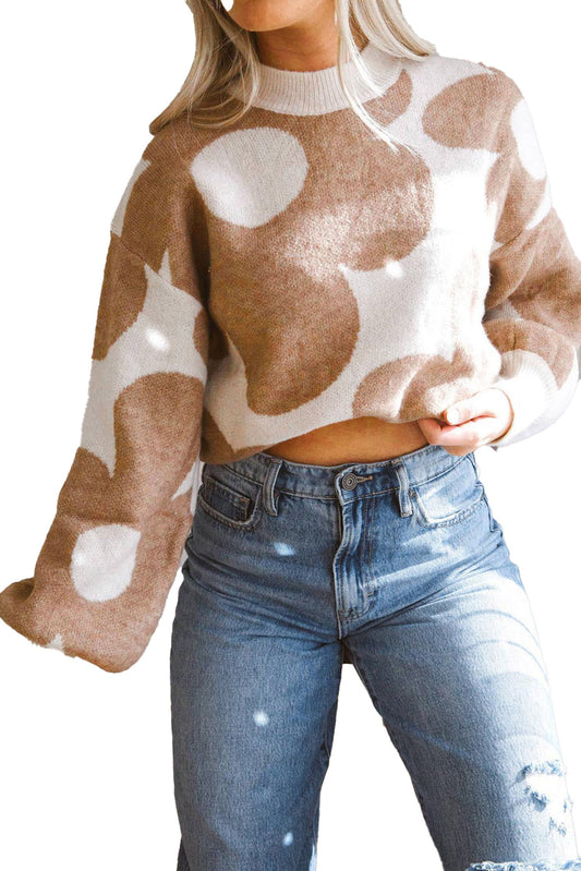 LuckeLadybug khaki flower pattern sweater with a cropped fit and soft fabric for a stylish look