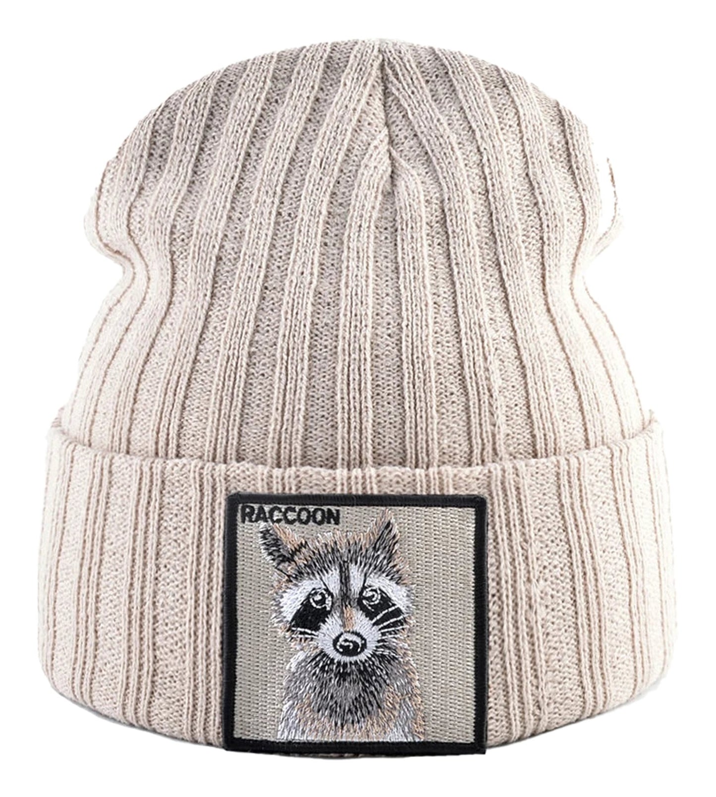 LuckeLadybug LLC knitted beanie hat with patch featuring a cute raccoon design