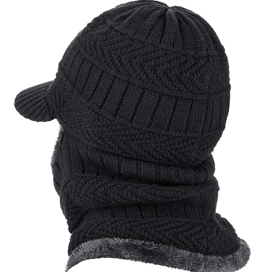 LuckeLadybug knitted winter balaclava hat in black, features a cozy design with a built-in visor
