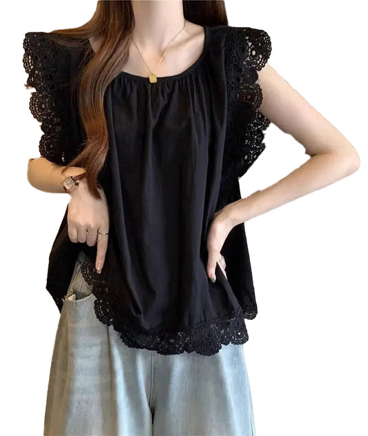 Elegant black lace flying sleeve blouse featuring delicate lace trim and a relaxed fit