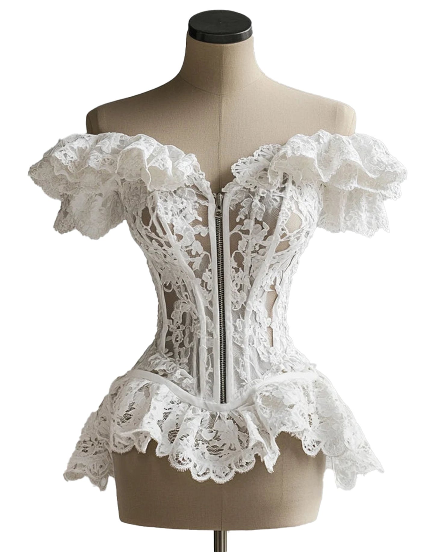 LuckeLadybug LLC lace ruffle corset blouse with intricate lace detailing and flared sleeves