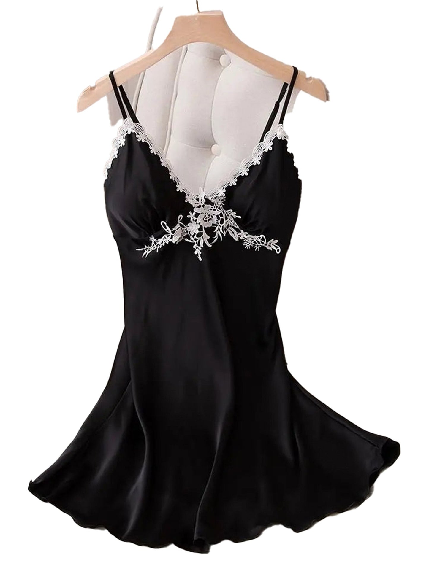 Elegant black lace satin nightdress for women with delicate floral embroidered details