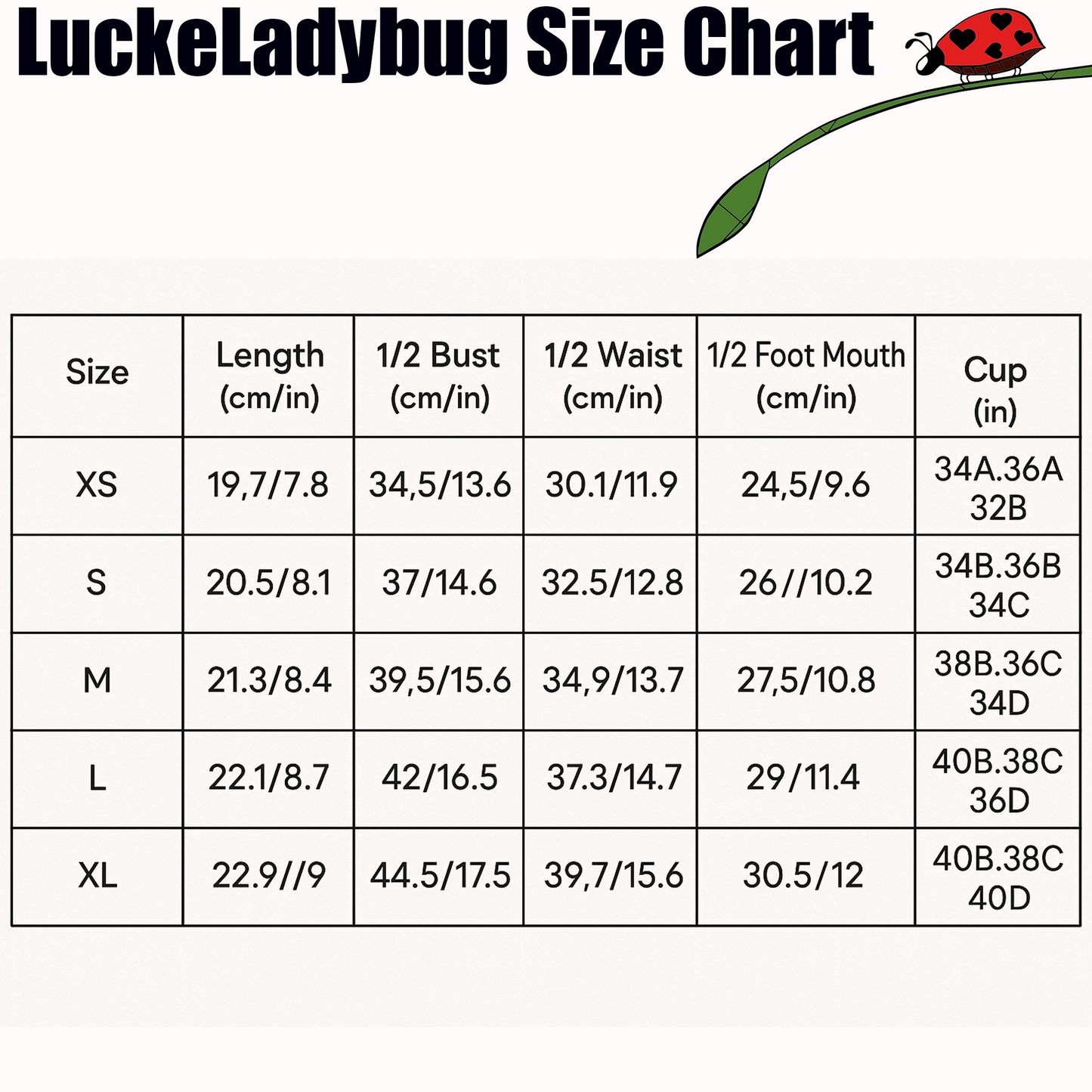 LuckeLadybug size chart for ladybug bikini swimsuit showing measurements for XS to XL sizes in cm and inches