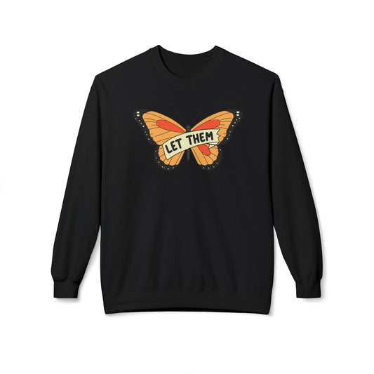 Black sweatshirt from LuckeLadybug featuring a large orange butterfly with let them butterfly sweater text on front