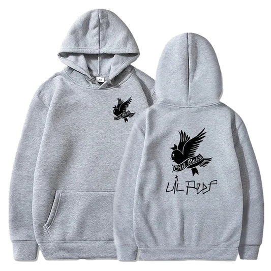 Gray Lil Peep hoodie for men and women featuring a bird design on the back with text