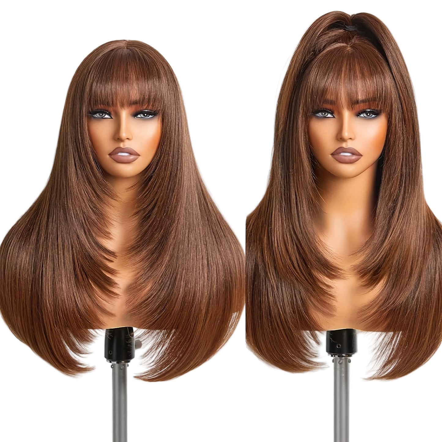 Long straight layered wig with bangs in a rich brown color displayed on a mannequin