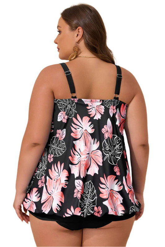 LuckeLadybug 2 piece plus size swimwear tankini with pink floral print and adjustable black straps