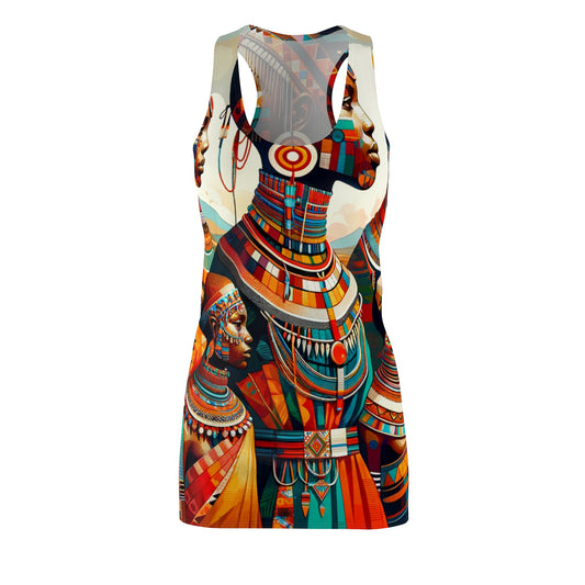 racerback dress featuring vibrant African abstract print dress design with detailed cultural patterns