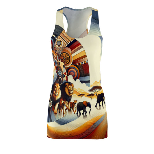 African style racerback dress with colorful wildlife and tribal patterns featuring lions and elephants
