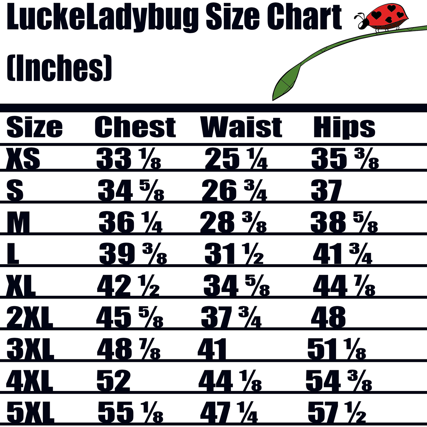 LuckeLadybug size chart in inches for chic black and white t-shirt dress showing measurements for chest waist and hips