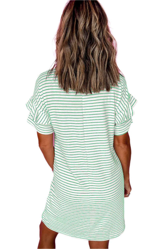 Back view of LuckeLadybug LLC striped crew neck summer dress women with short ruffled sleeves