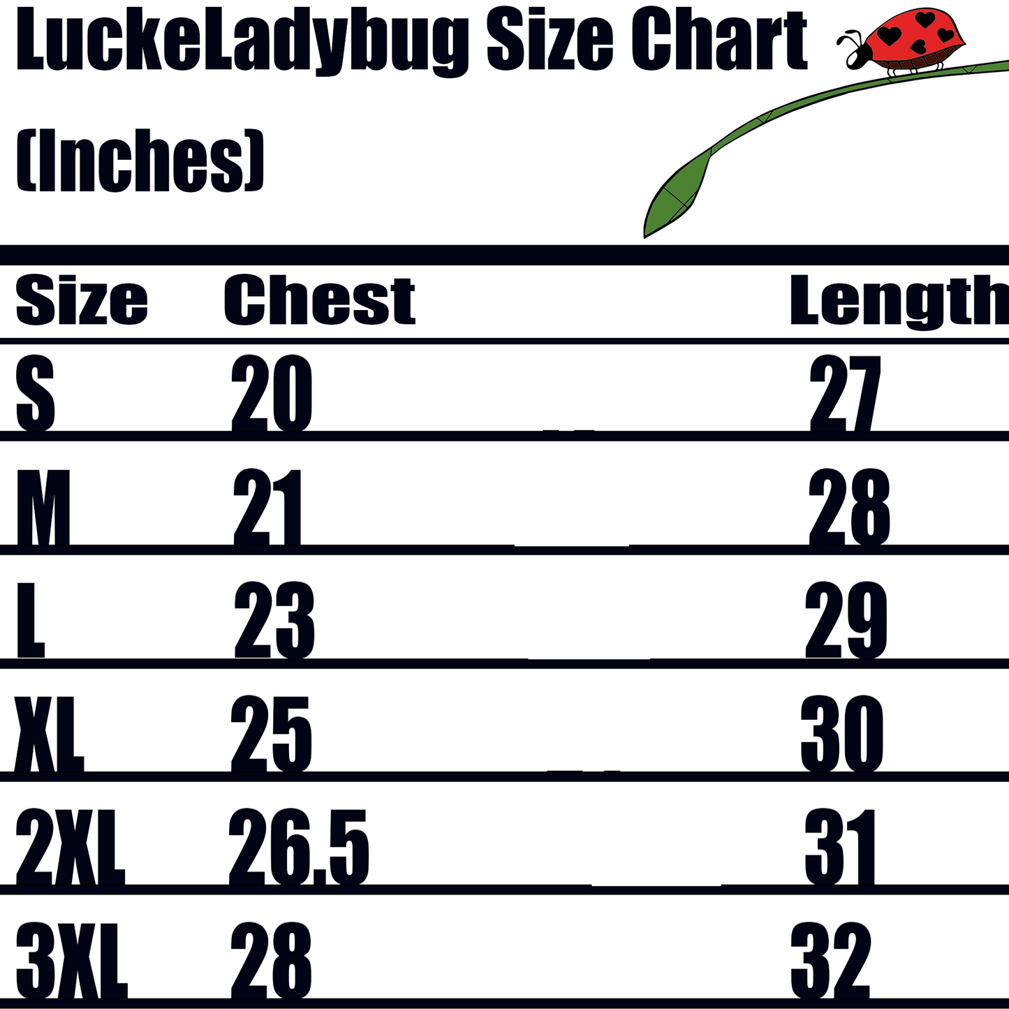 A size chart for clothing, with a cartoon ladybug.