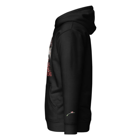 Side view of black evil nurse hoodie by luckeladybug with front pocket and hood