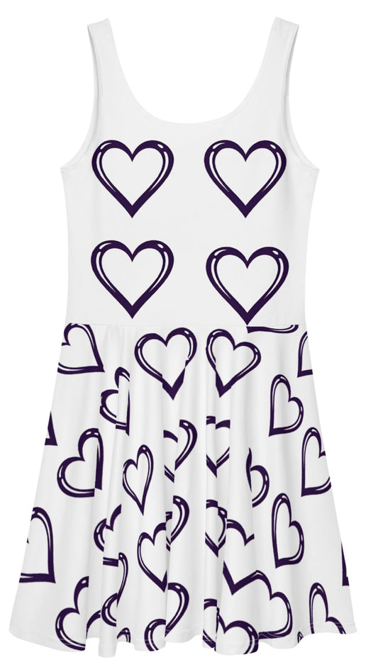White sleeveless heart print skater dress with black outlined hearts pattern by luckeladybug