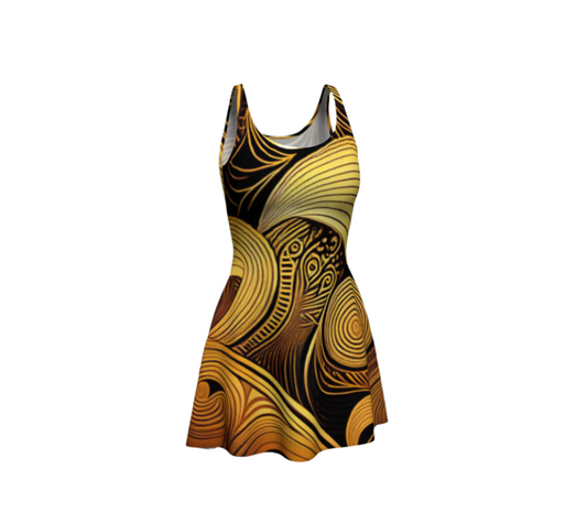 luckeladybug flare dress with bold gold and black patterns heritage inspired glam dress