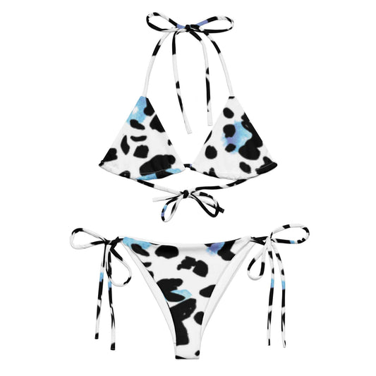 leopard print bikini with white base and black blue spots two-piece swimsuit with tie straps