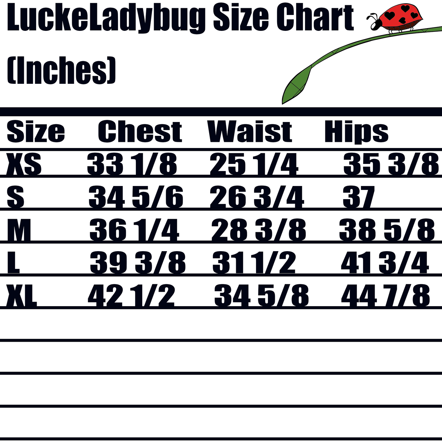 LuckeLadybug size chart in inches for chest waist and hips measurements for bodycon dresses