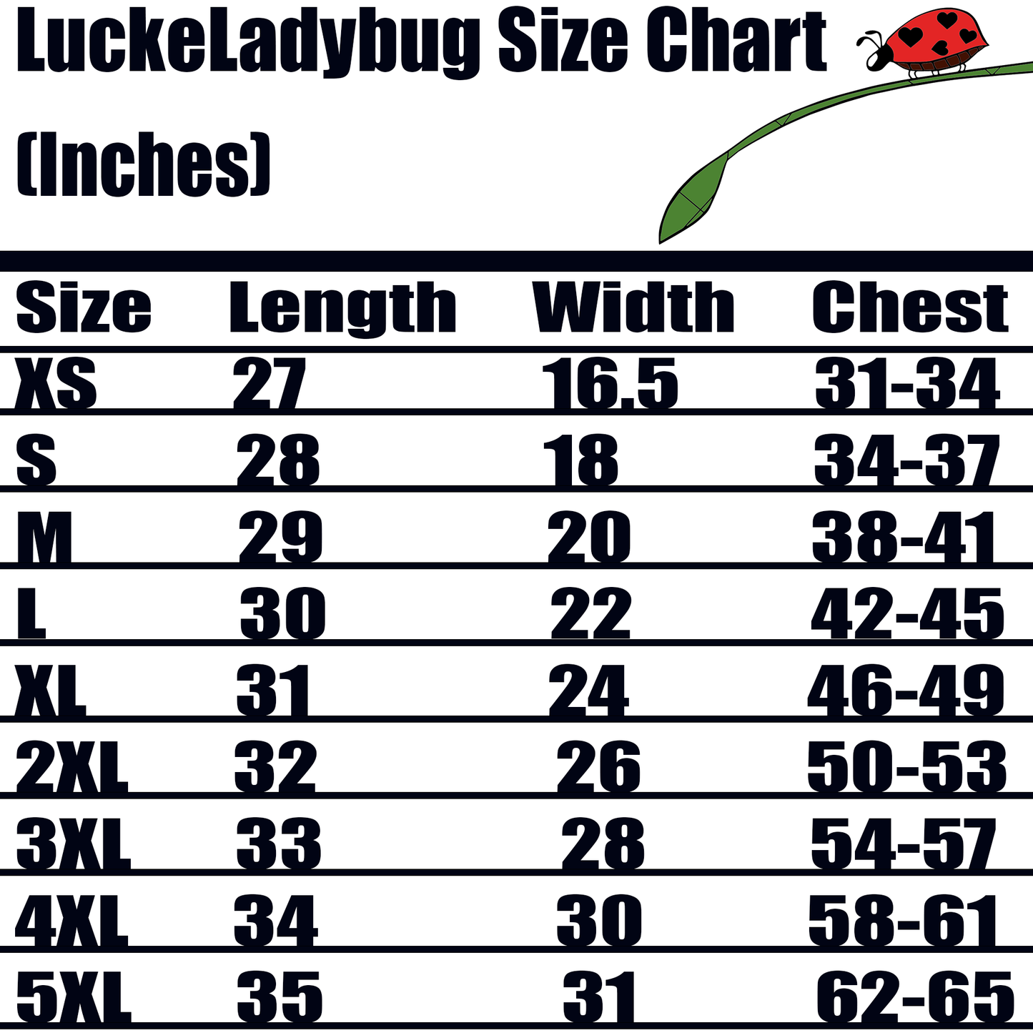 LuckeLadybug size chart showing length width and chest measurements for African Goddess T-Shirt in various sizes