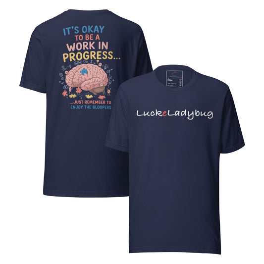 Navy mental health awareness shirt with brain graphic and inspirational quote on back from Printful