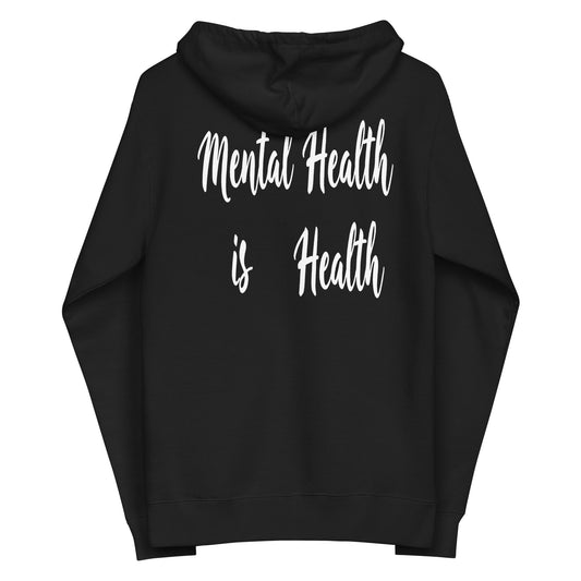 LuckeLadybug black mental health awareness zip hoodie with Mental Health is Health white text on back