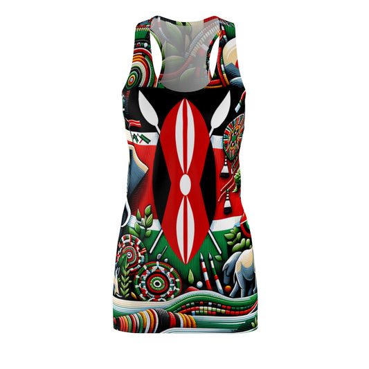 Luckeladybug racerback dress featuring a vibrant modern African-inspired dress pattern with tribal and animal motifs