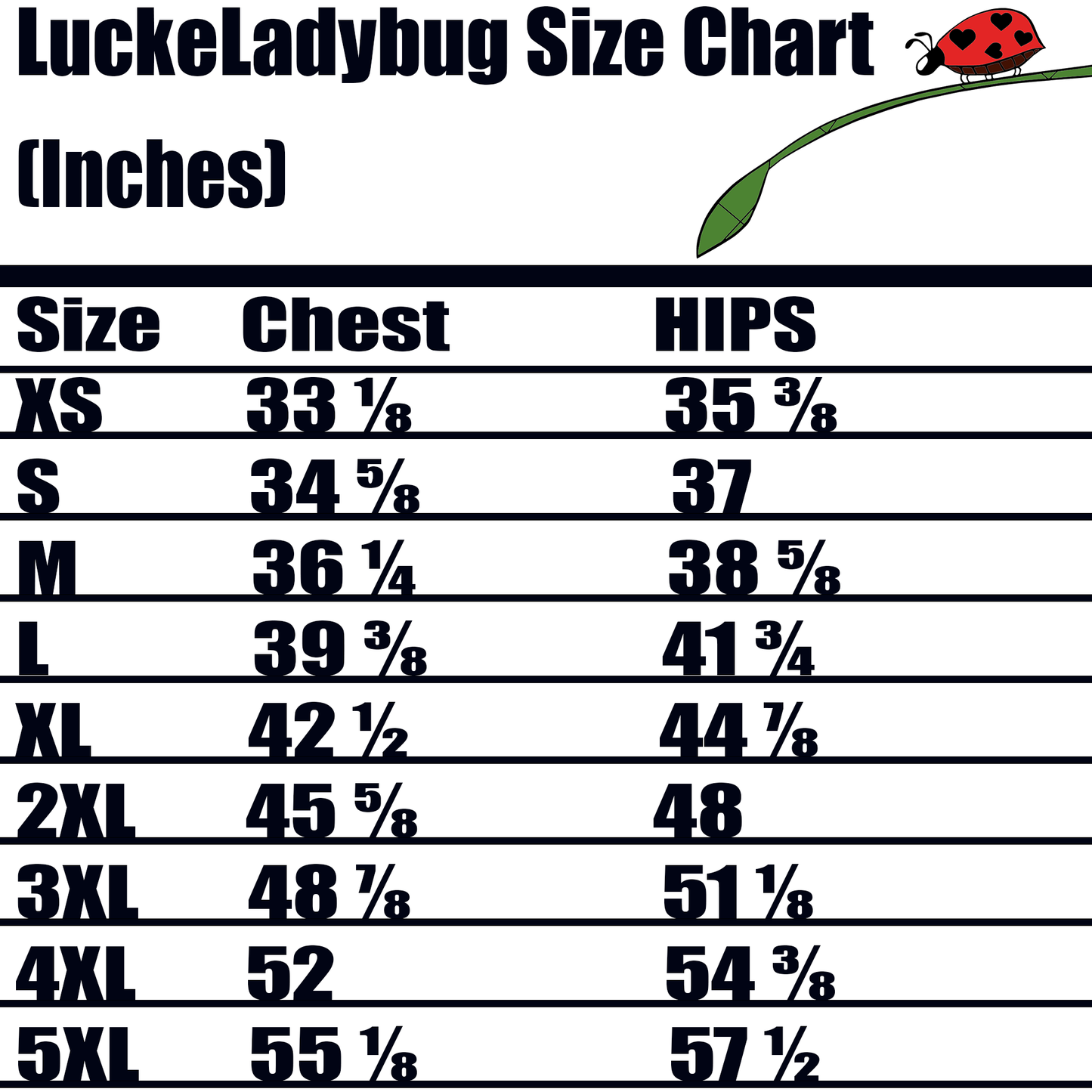 LuckeLadybug size chart showing chest and hips measurements in inches for bikini sizes XS to 5XL
