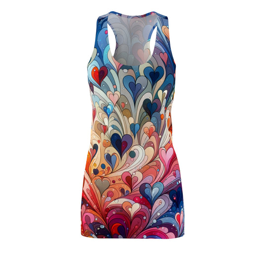 Colorful patterned racerback summer dress for ladies with vibrant heart-shaped designs